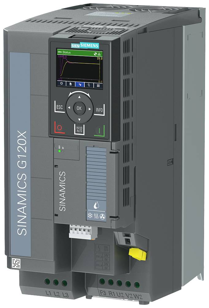 Convertitore di frequenza Siemens SINAMICS G120X, verticale, con display e pulsanti di controllo frontali.
