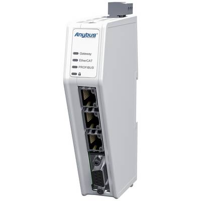Un dispositivo bianco con tre porte Ethernet e un'altra porta sotto. L'etichetta mostra 'Gateway', 'EtherCAT', 'PROFIBUS'.