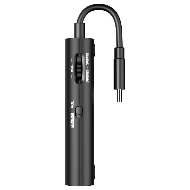 Controllo audio esterno per dispositivi con porta USB-C, dotato di regolatore del volume e interruttore per modalità mix, voce e gioco.