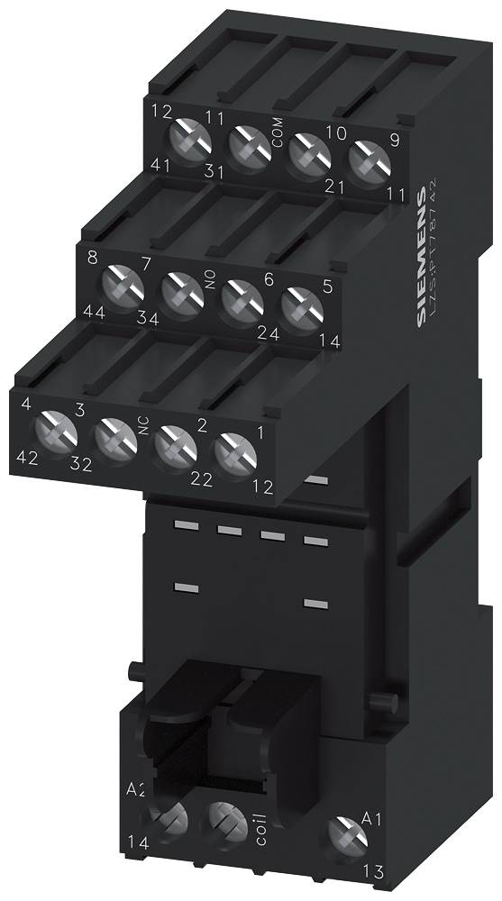 Un componente elettronico nero con morsetti a vite visibili e etichette numerate da 1 a 13. Sul lato sinistro è presente il logo Siemens.