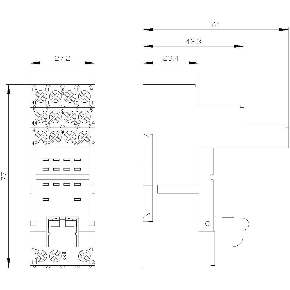 Disegno tecnico di un relè elettrico con dimensioni in millimetri: 27,2 di larghezza, 77 di altezza, 61 di profondità con connessioni indicate.