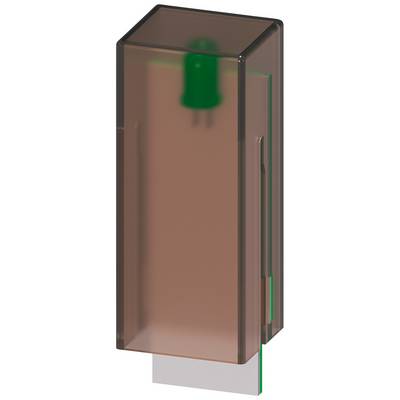 Un cartello rettangolare in plastica trasparente con una leggera tonalità marrone contiene una sorgente luminosa verde simile a un LED nella parte superiore.