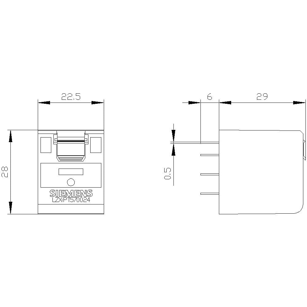 Disegno tecnico di un componente elettronico con dimensioni: larghezza 22,5 mm, altezza 28 mm, profondità 29 mm. Indicazione del produttore: Siemens.