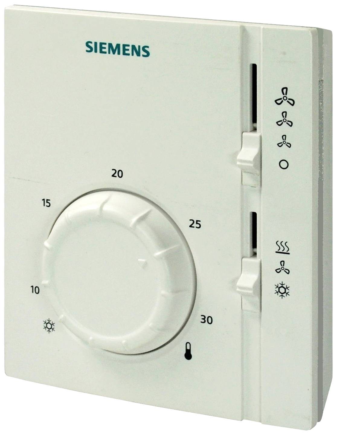 Un termostato ambiente Siemens bianco con un pulsante centrale di regolazione della temperatura da 5 a 30 gradi Celsius e un cursore per le modalità ventilazione e riscaldamento.