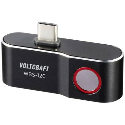Un sensore USB-C con la scritta 'VOLTCRAFT WBS-120' in un involucro nero, dotato di una superficie sensore rossa.