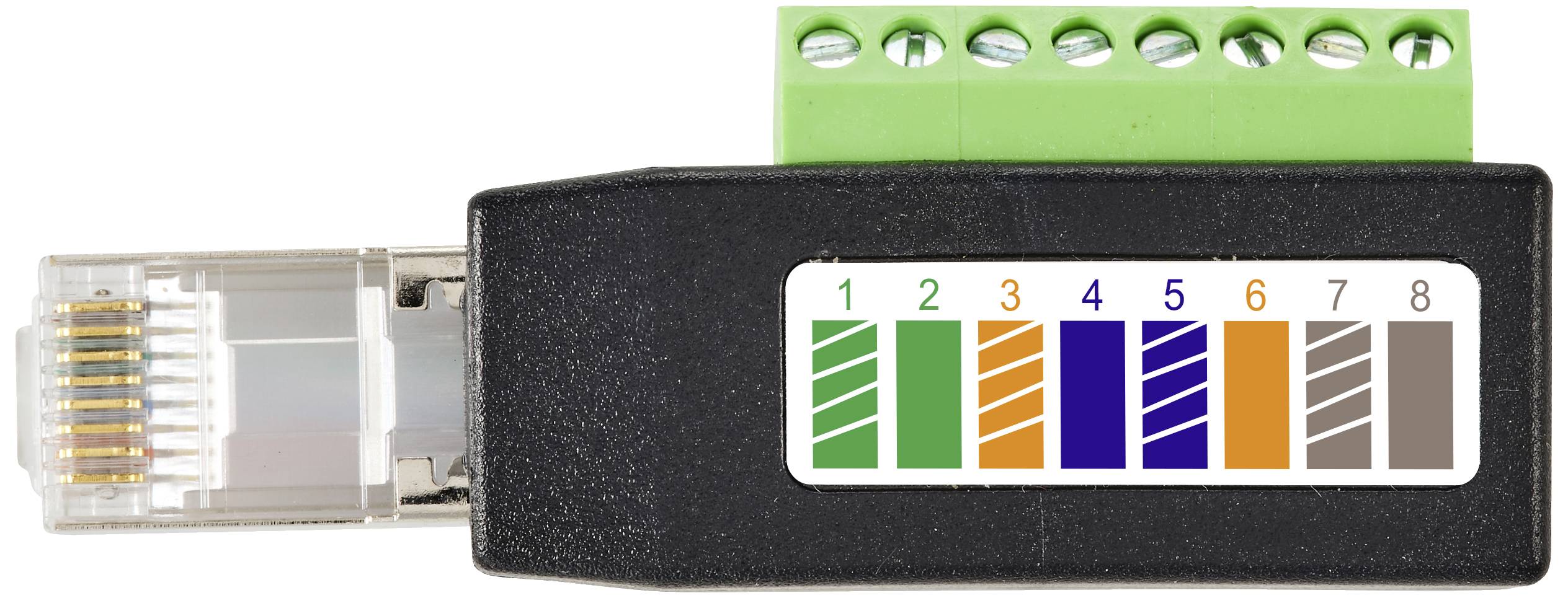Connettore di rete con cablaggio codificato a colori per i pin da 1 a 8: verde, bianco-verde, arancione, bianco-arancione, blu, bianco-blu, marrone, bianco-marrone.