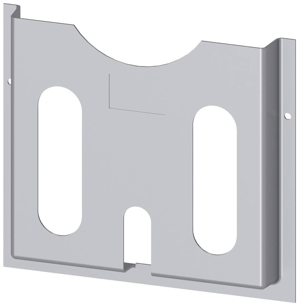 Supporto a parete metallico di forma rettangolare con due tagli ovali e un taglio più ampio in alto per il fissaggio.