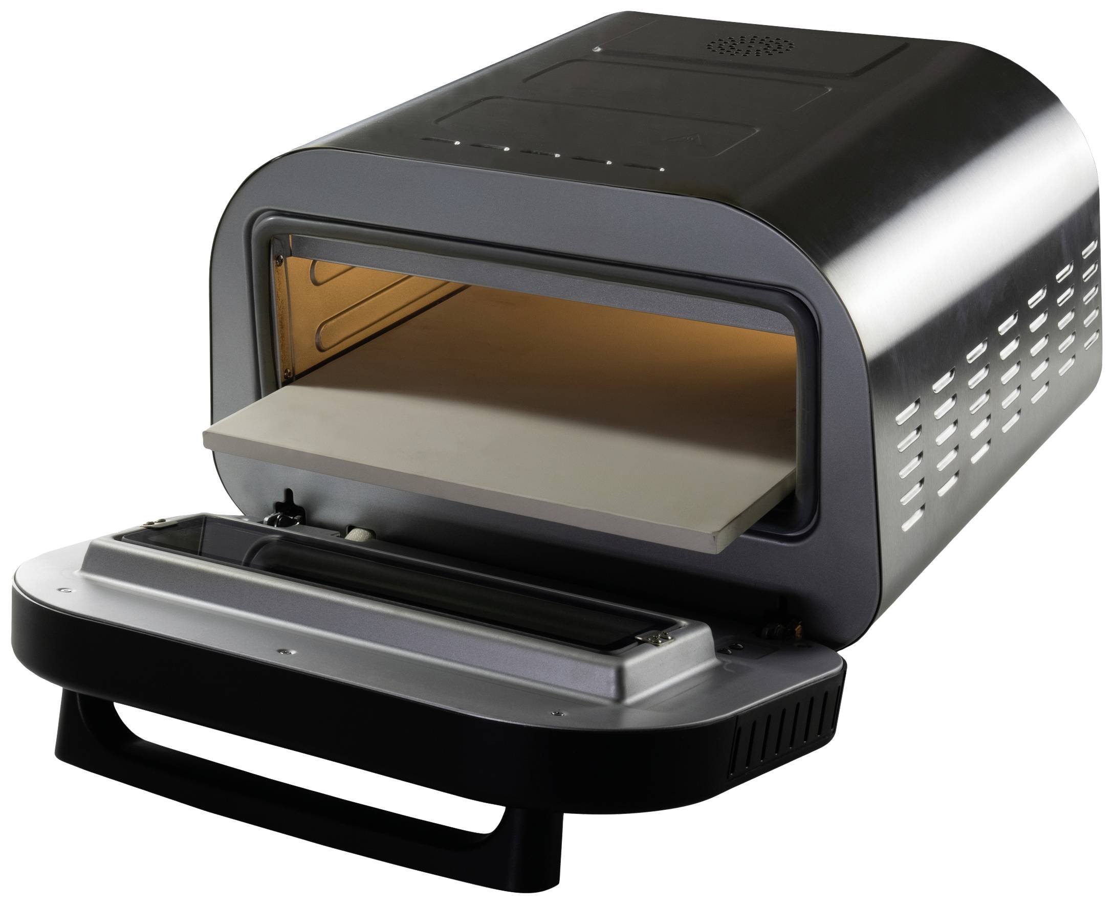 Un forno per pizza moderno con porta ribaltabile e piastra in pietra estraibile, ideale per cuocere pizze in abitazioni o piccole attività.