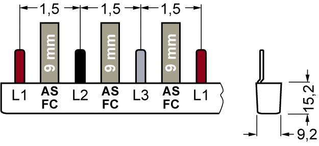 Etichetta 'AS FC' su tre blocchi rettangolari (grigio, argento, nero) con dimensioni. Linee rosse e grigie, etichettate 'L1', 'L2', 'L3'.