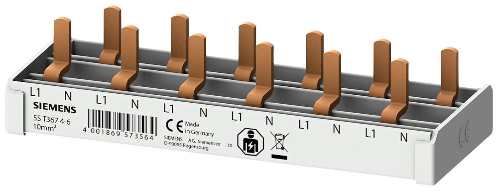 Un distributore di fase Siemens 5ST3674 con dieci connessioni in rame, contrassegnato con 'L1' e 'N', idoneo per impianti elettrici.