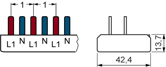 Schema di una morsettiera elettrica con contatti etichettati: L1, N. Dimensioni: larghezza 42,4 mm, altezza 13,7 mm.