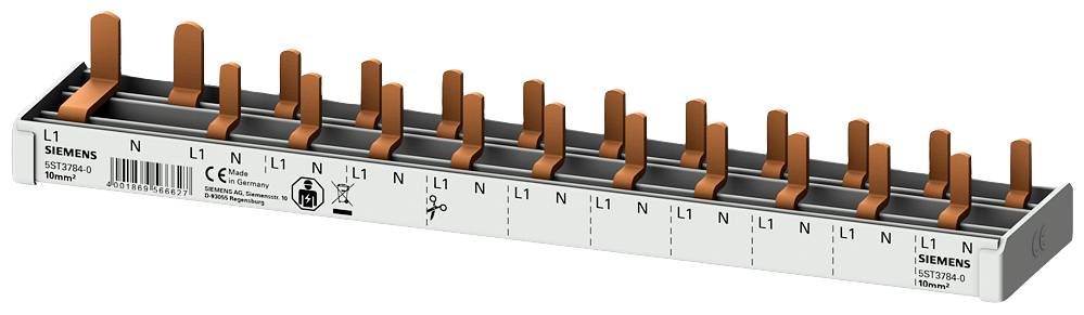 Barra di distribuzione elettrica con scale di colore arancione e etichette. Visibili marcature per L1, N, logo Siemens e simboli tecnici.