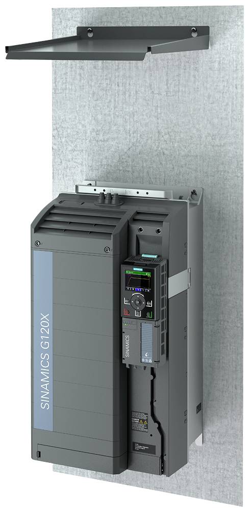 'Controllo azionamento SINAMICS G120X' su piastra di montaggio grigia. Dispositivo elettronico per applicazioni industriali nell'automazione degli azionamenti.