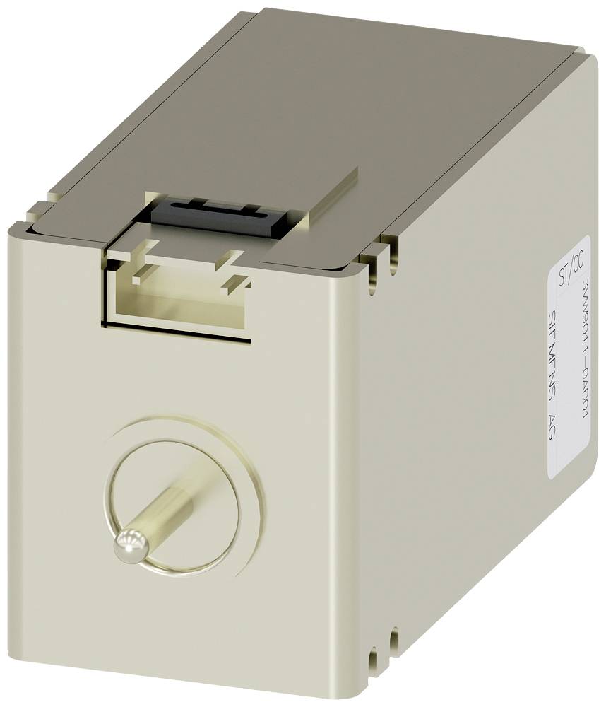 Un modulo rettangolare metallico con un connettore RJ45 sulla parte superiore e una manopola rotante sul lato frontale.