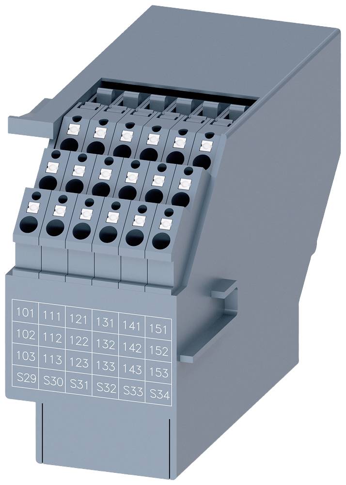 Un blocco connettore elettrico grigio con morsetti numerati da 101 a 153 e da S29 a S34, mostra i punti di connessione.