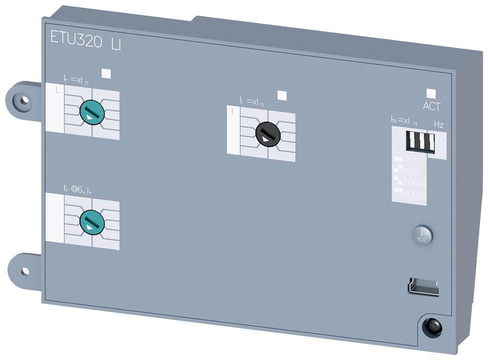 Dispositivo elettrico grigio-blu con diversi manopole e interruttori, etichettato come ETU320 Li. Indicatori di controllo e diagrammi visibili.
