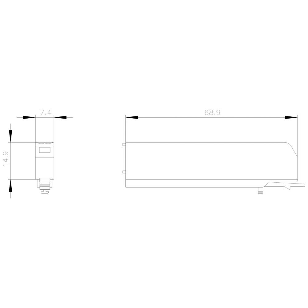 Disegno tecnico di un componente con dimensioni: larghezza 68,9 mm, altezza 14,9 mm, profondità 7,4 mm. Vista frontale e laterale.