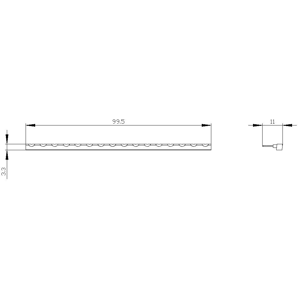 Disegno tecnico di un componente rettangolare con dimensioni: 99,5 lunghezza, 11 altezza, 3,9 larghezza. La vista laterale mostra un profilo a L.