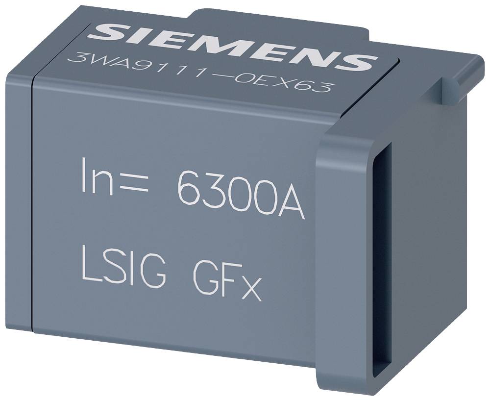 Pezzo di ricambio grigio Siemens con scritta '3WA9111-0EX63', 'In=6300A', 'LSIG GFx'. Forma rettangolare con fessura laterale.