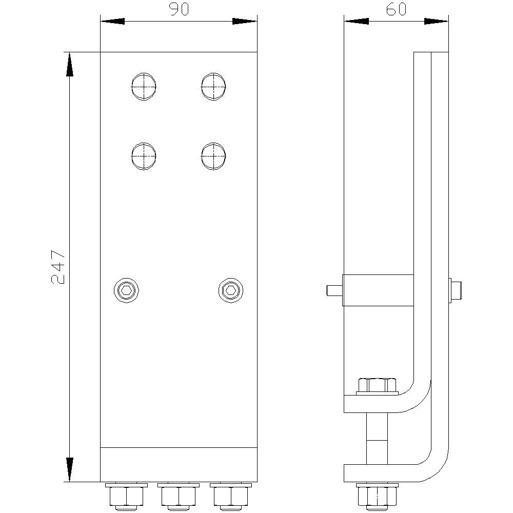 Disegno tecnico di un elemento di fissaggio rettangolare con dimensioni 90x60x247 mm, vista laterale e frontale, fori per viti visibili.