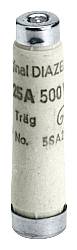 'Fusibile ceramico con scritta 25A 500V, utilizzato nei circuiti elettrici per la protezione da sovracorrente.'