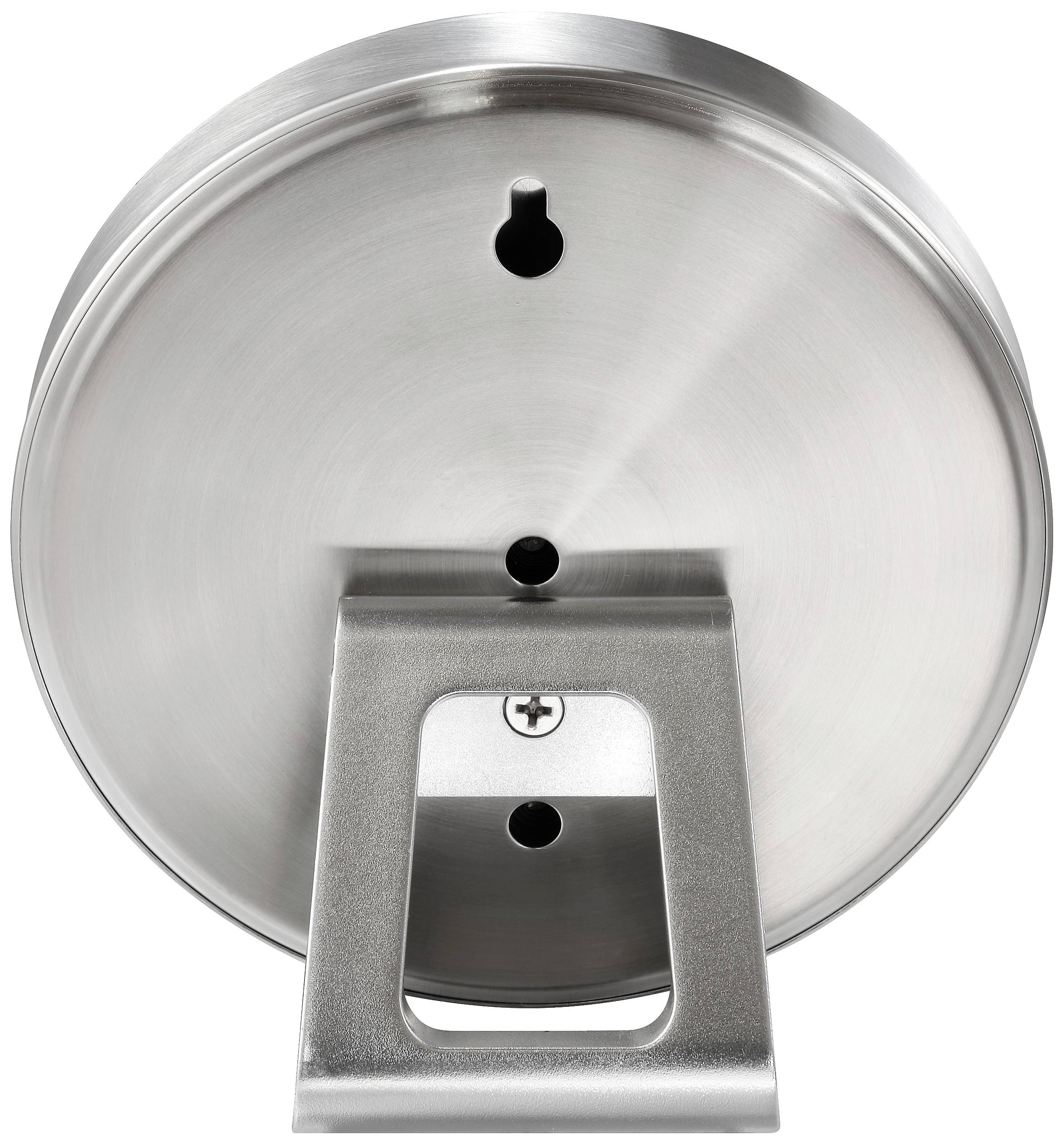 Supporto metallico rotondo con due fori per il montaggio a parete e un gancio centrale fissato nella parte inferiore.