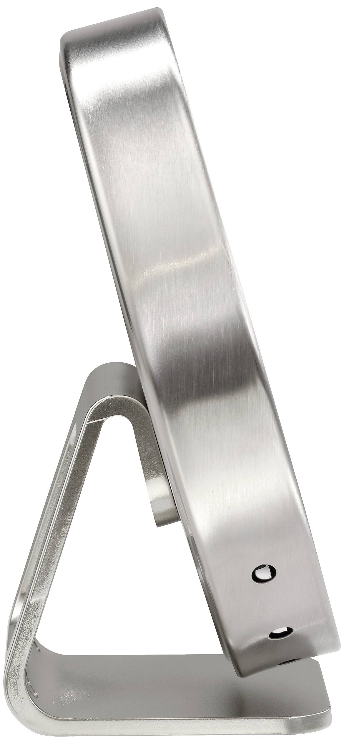 Un telaio metallico rotondo argentato è posizionato lateralmente su un supporto triangolare.