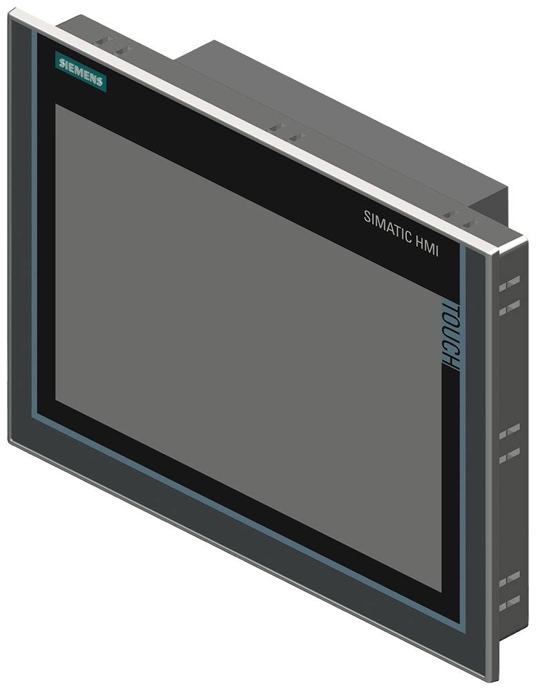 Un dispositivo HMI touch Simatic rettangolare con cornice grigia, adatto al controllo e al monitoraggio industriale.