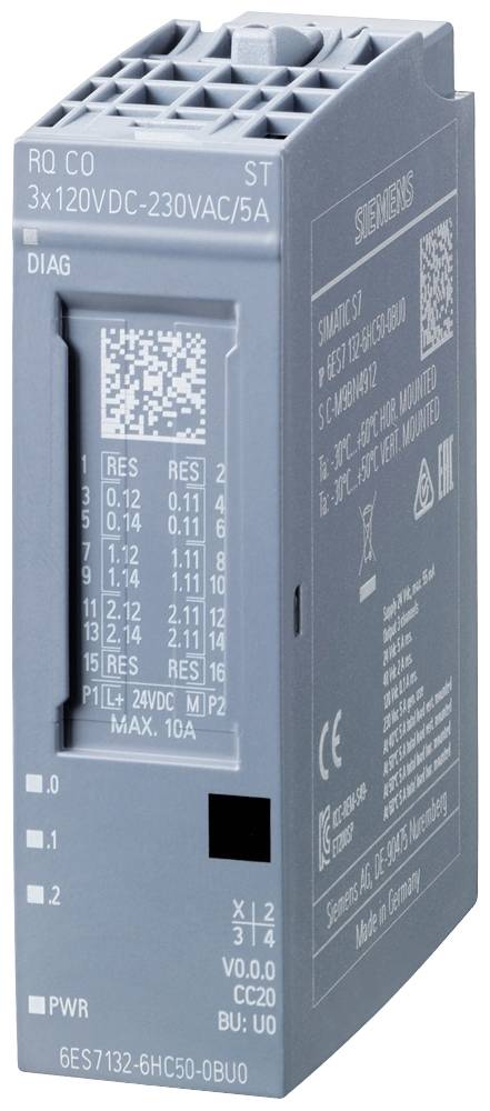 'Siemens S7-1200 Modulo periferico RQ CO, 3x120VDC-230VAC/5A, grigio, per applicazioni di controllo industriale.'