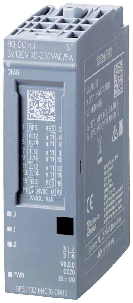 Un modulo relè elettrico grigio con scritte relative a specifiche tecniche e dettagli del produttore sulla parte anteriore.