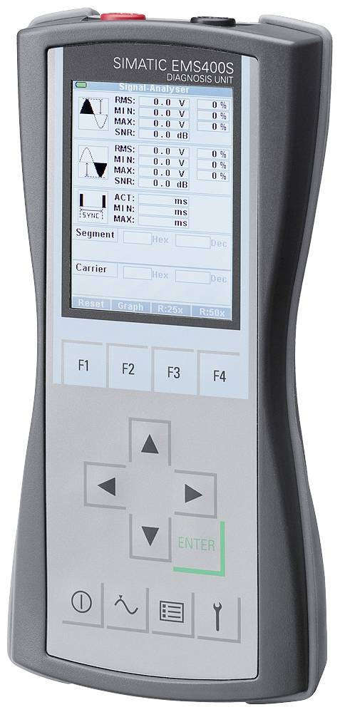 Dispositivo portatile con display che mostra informazioni diagnostiche sotto forma di grafici e valori di misurazione. Pulsanti di controllo nella parte inferiore per la navigazione.
