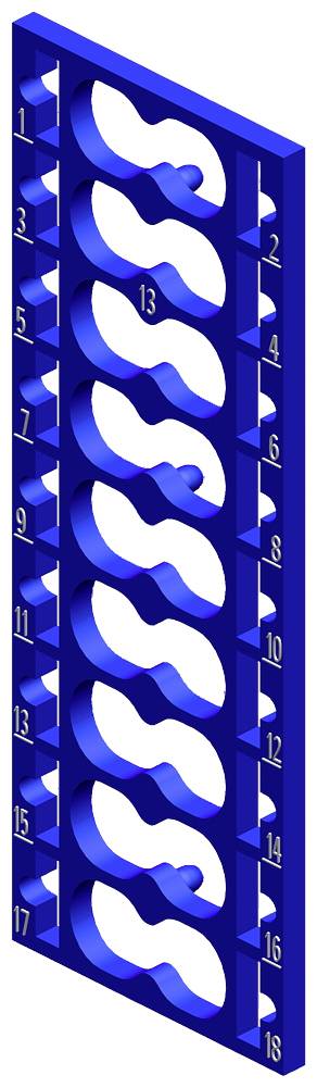 Un calibratore a cubo blu con tacche numerate da 1 a 18, utilizzato per misurazioni precise.