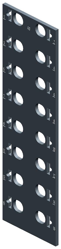 Barra metallica con fori rettangolari e rotondi in un pattern simmetrico, numerati da 1 a 12.