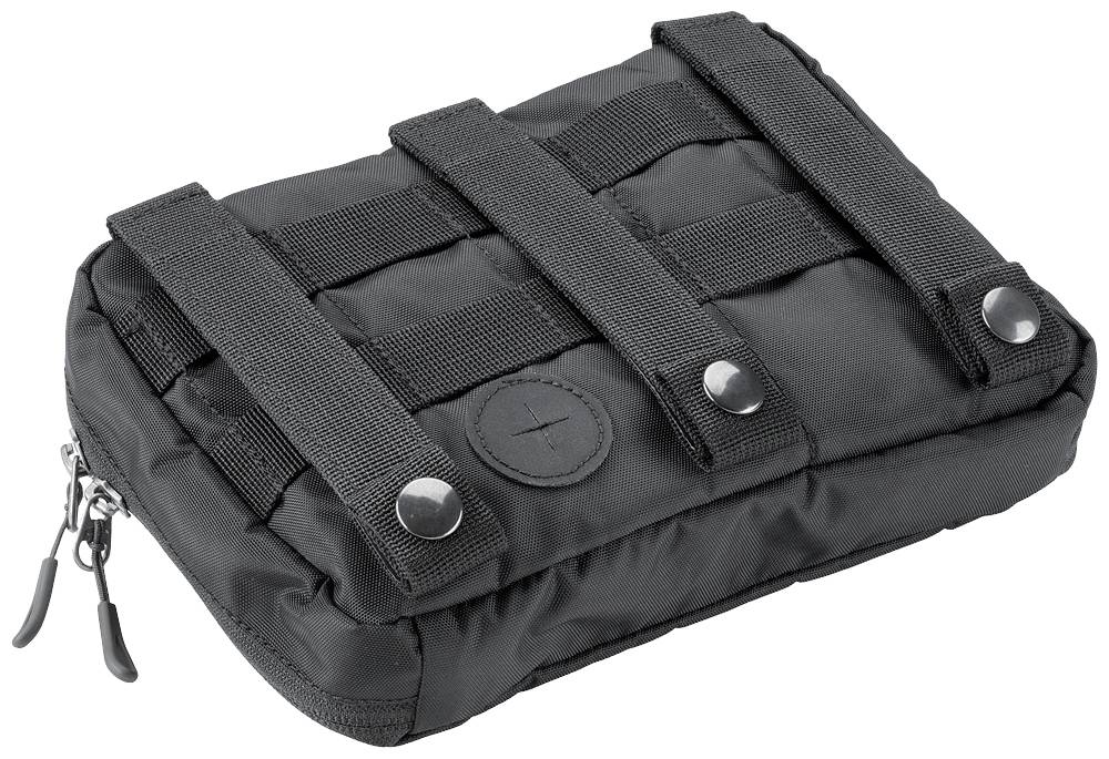 Borsa in stoffa nera, rettangolare, con chiusura lampo, dotata di passanti sui lati e bottoni a pressione, ideale per attività all'aperto.