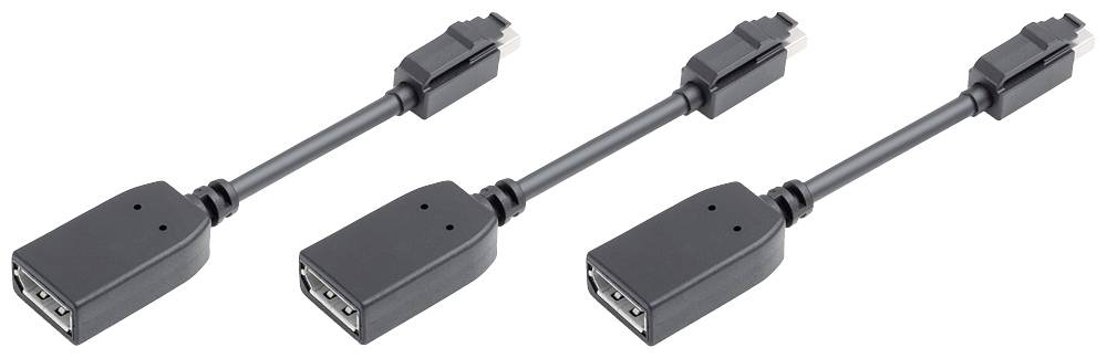 Tre cavi adattatori DisplayPort identici con connettori neri e cavi corti disposti in fila.