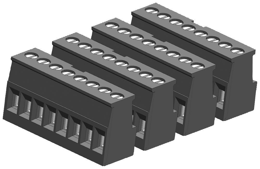 Quattro connettori elettrici neri, disposti in modo obliquo. Ogni connettore ha cinque punti di contatto in alto e cinque in basso.