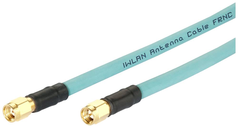 Due cavi coassiali blu con connettori dorati, etichettati come 'Cavo antenna IWLAN FRNC', idonei per connessioni di rete.