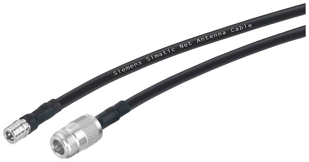 Due cavi di antenna neri con connettori metallici, uno con la scritta 'Siemens Simatic Net Antenna Cable', su sfondo bianco.