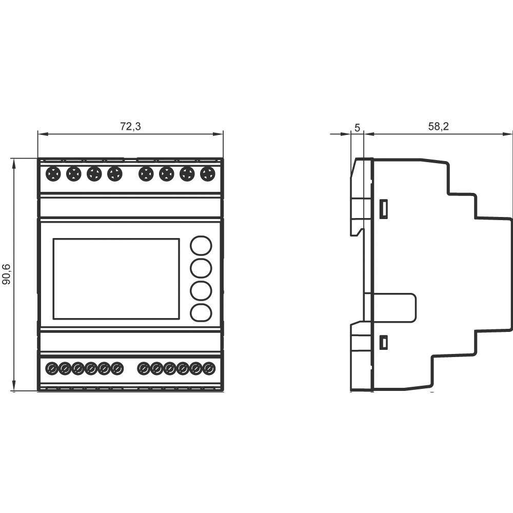 Disegno tecnico di un dispositivo con vista frontale e laterale. Dimensioni: 72,3 x 90,6 x 58,2 mm. Comprende diversi tipi di connettori.