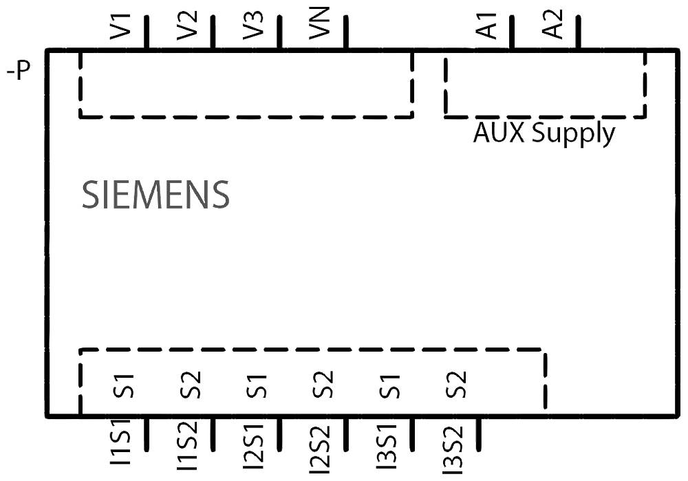 Schema elettrico di un dispositivo Siemens con connettori da 'V1' a 'VN', 'A1', 'A2', 'Alimentazione AUX' e 'I1S1' fino a 'I3S2'.