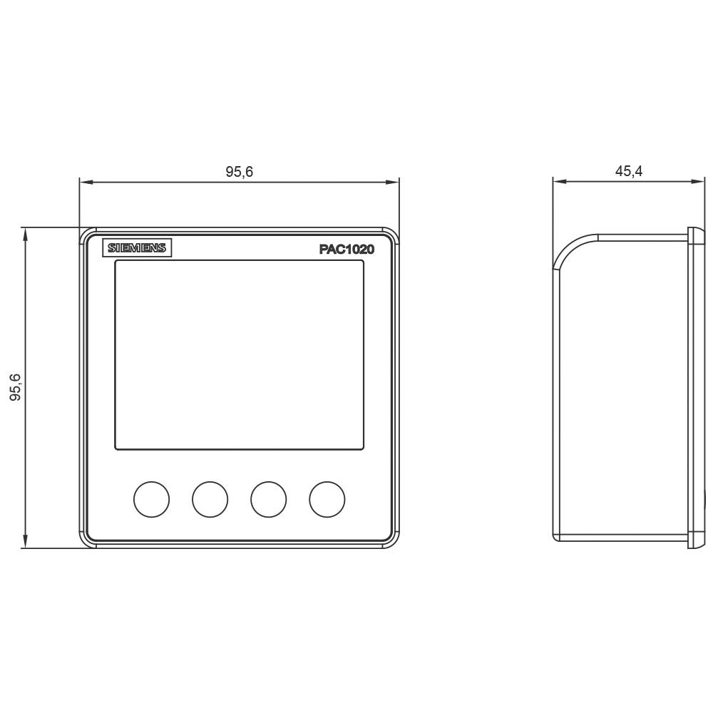 Disegno tecnico di un dispositivo PAC1020D con vista frontale e laterale. Dimensioni: 95,6 mm di larghezza, 95,6 mm di altezza, 45,4 mm di profondità.