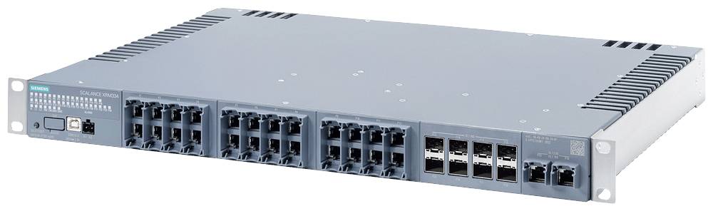 Dispositivo di rete in custodia metallica con più porte Ethernet e connettori, idoneo per utilizzo professionale IT.