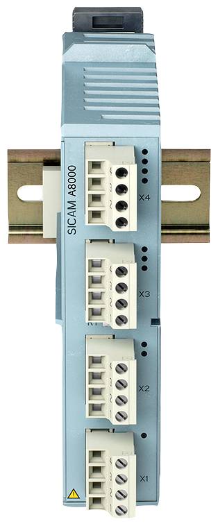 Dispositivo di controllo industriale con quattro morsetti di connessione da X1 a X4, montato su guida DIN. Funzioni di controllo e monitoraggio.