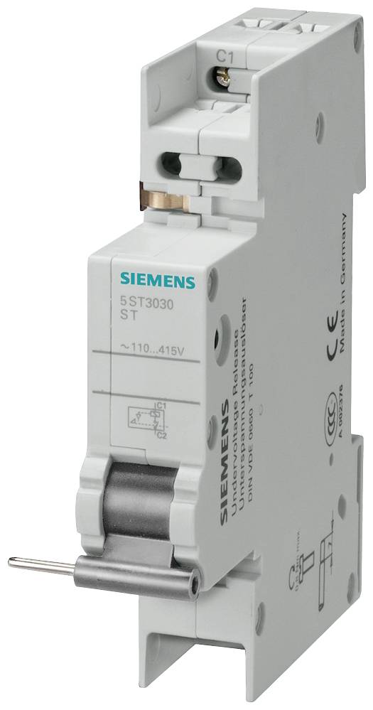 Un interruttore magnetotermico SIEMENS, modello 5ST3030, in posizione verticale. È utilizzato per proteggere i circuiti elettrici dal sovraccarico.