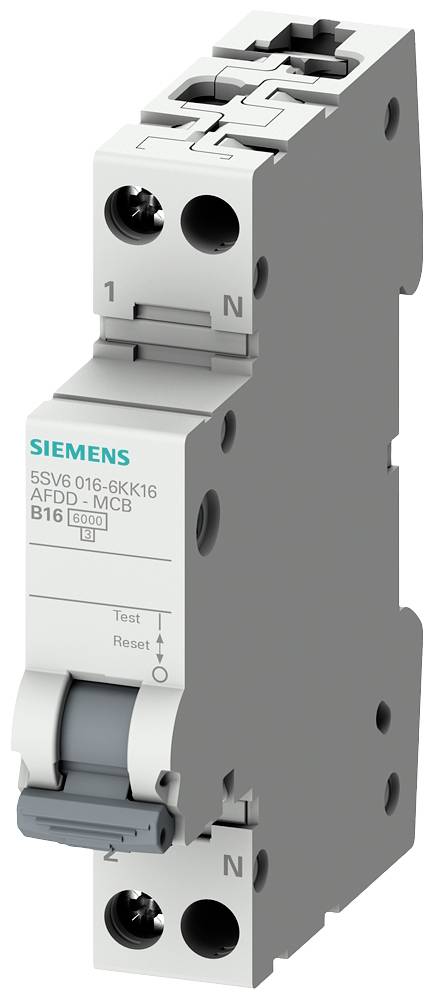 Un interruttore magnetotermico differenziale grigio Siemens con la scritta 'AFDD+MCB B16'. Il pulsante di interruzione e il tasto di reset sono visibili.