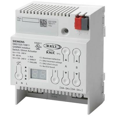 Attuatore dimmer e interruttore Siemens GAMMA con compatibilità KNX. Mostra i tasti, gli indicatori LED e i connettori per impianti elettrici.