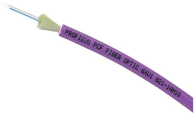 Cavo in fibra di vetro viola con la scritta 'PROFIBUS PCF FIBER OPTIC 6XU 821-1AH10', estremità con fibre ottiche visibili.