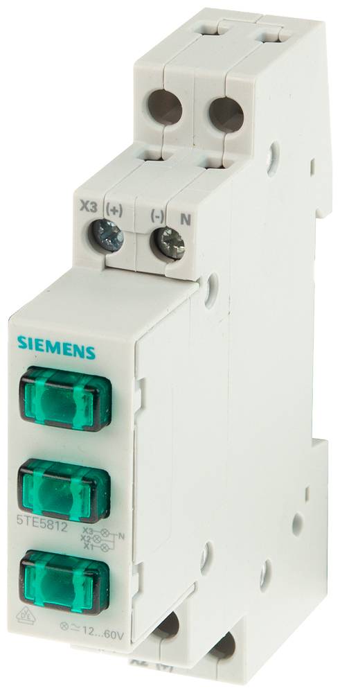 Modulo di protezione 'Siemens' con due morsetti di connessione in alto e aree contrassegnate in verde sul davanti. Numero modello: 5TE5812.
