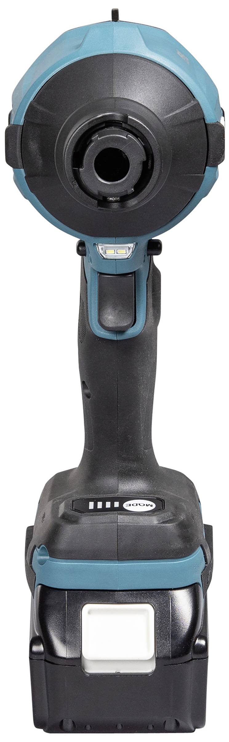 Un avvitatore elettrico blu-nero visto frontalmente, con focus sulla testina e l'impugnatura.