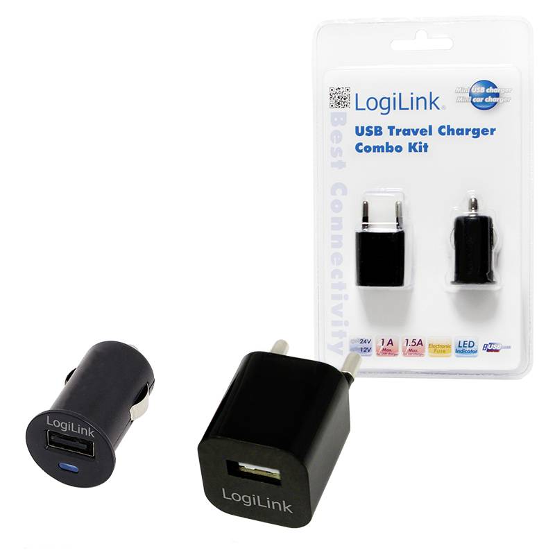 LogiLink Adattatore USB da viaggio in nero con spine e porte USB, adatto per la ricarica in auto e da presa elettrica. Confezione sullo sfondo.
